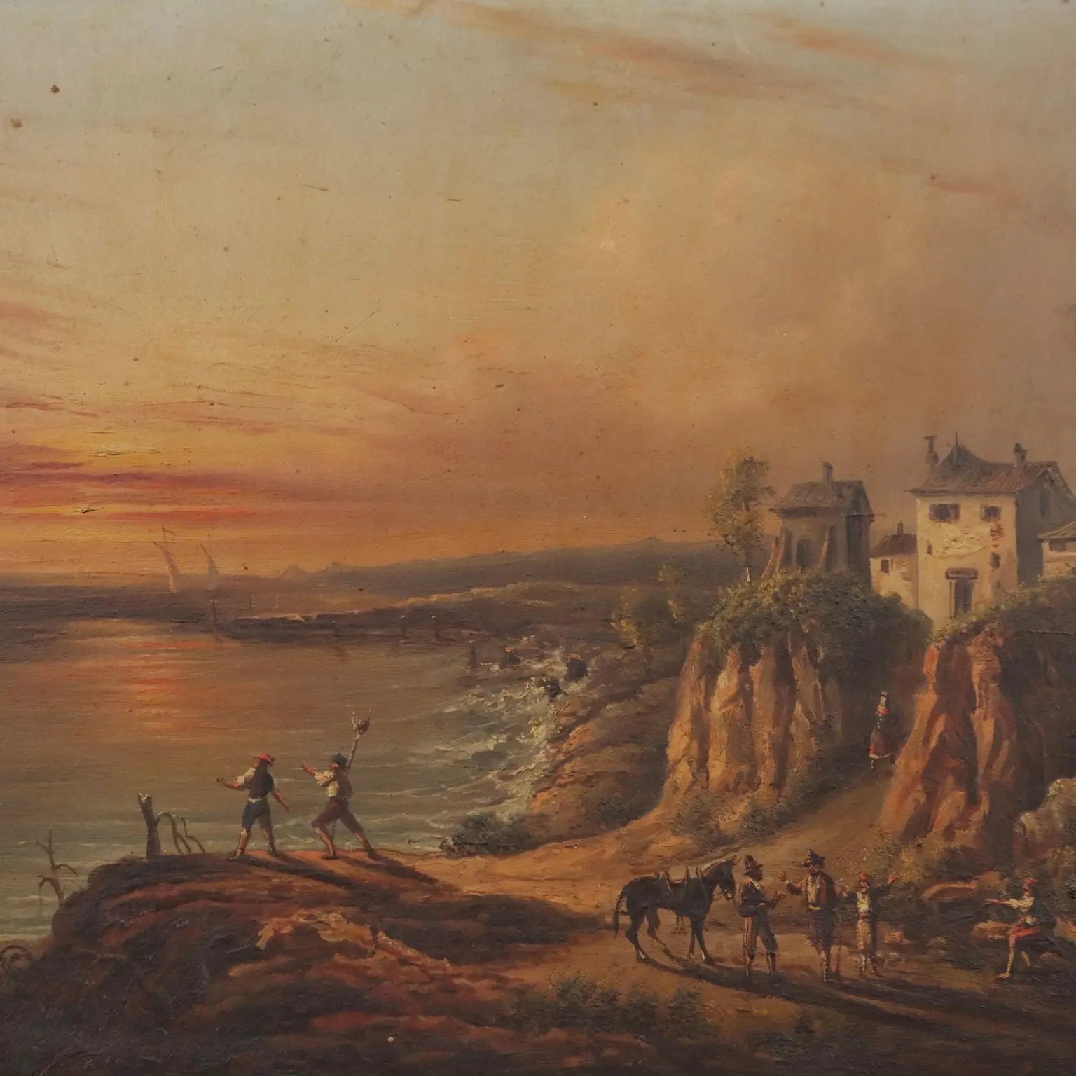 Antique Painting Sunset on Sea Landscape Oil on Borad XIX Century | Art | 19th Century
