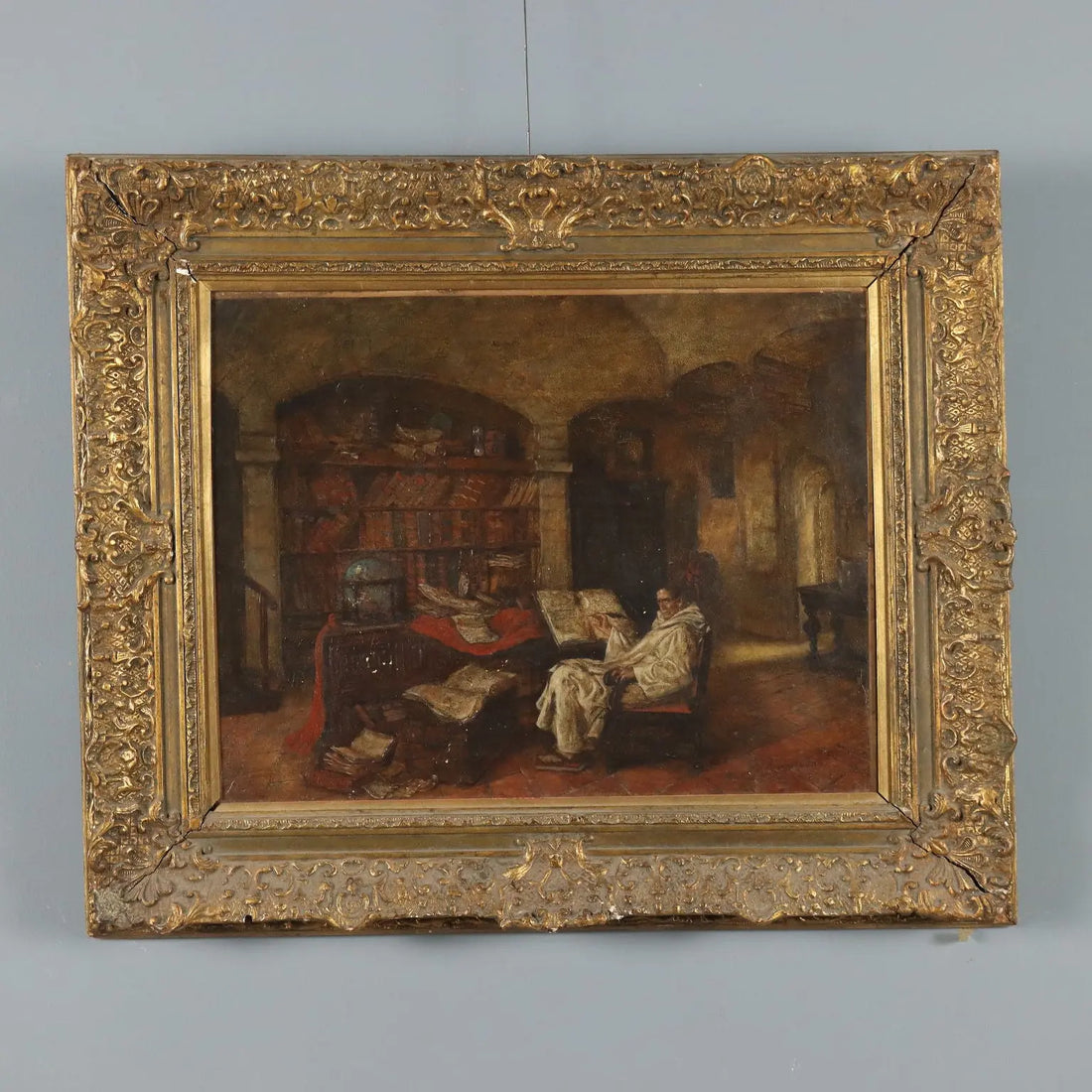 Antique Painting Signed Jeno Chemendy Monk XIX Century - Interior with Monk | Art | 19th Century