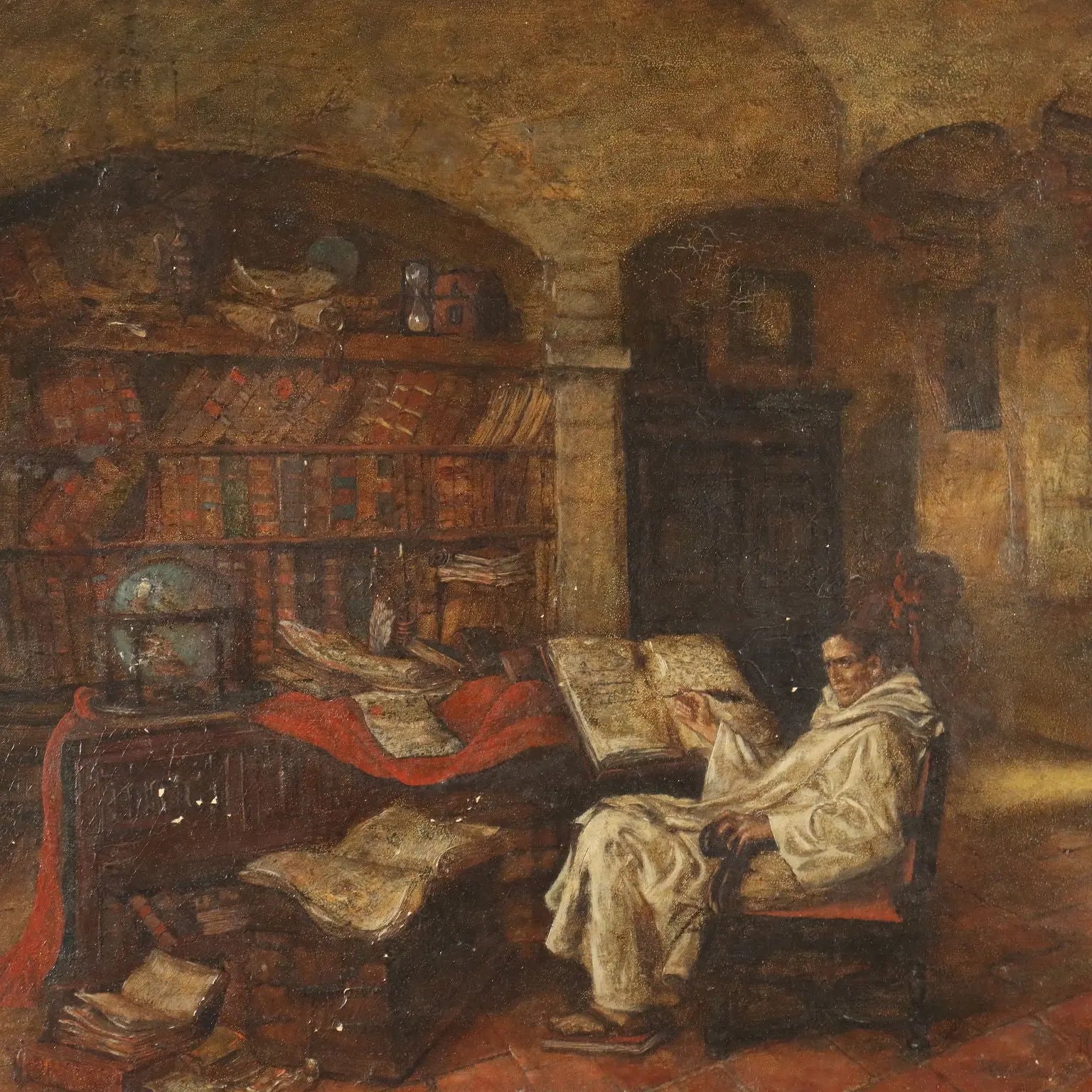 Antique Painting Signed Jeno Chemendy Monk XIX Century - Interior with Monk | Art | 19th Century
