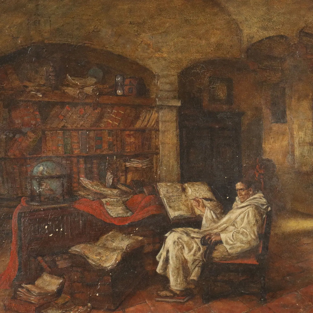 Antique Painting Signed Jeno Chemendy Monk XIX Century - Interior with Monk | Art | 19th Century