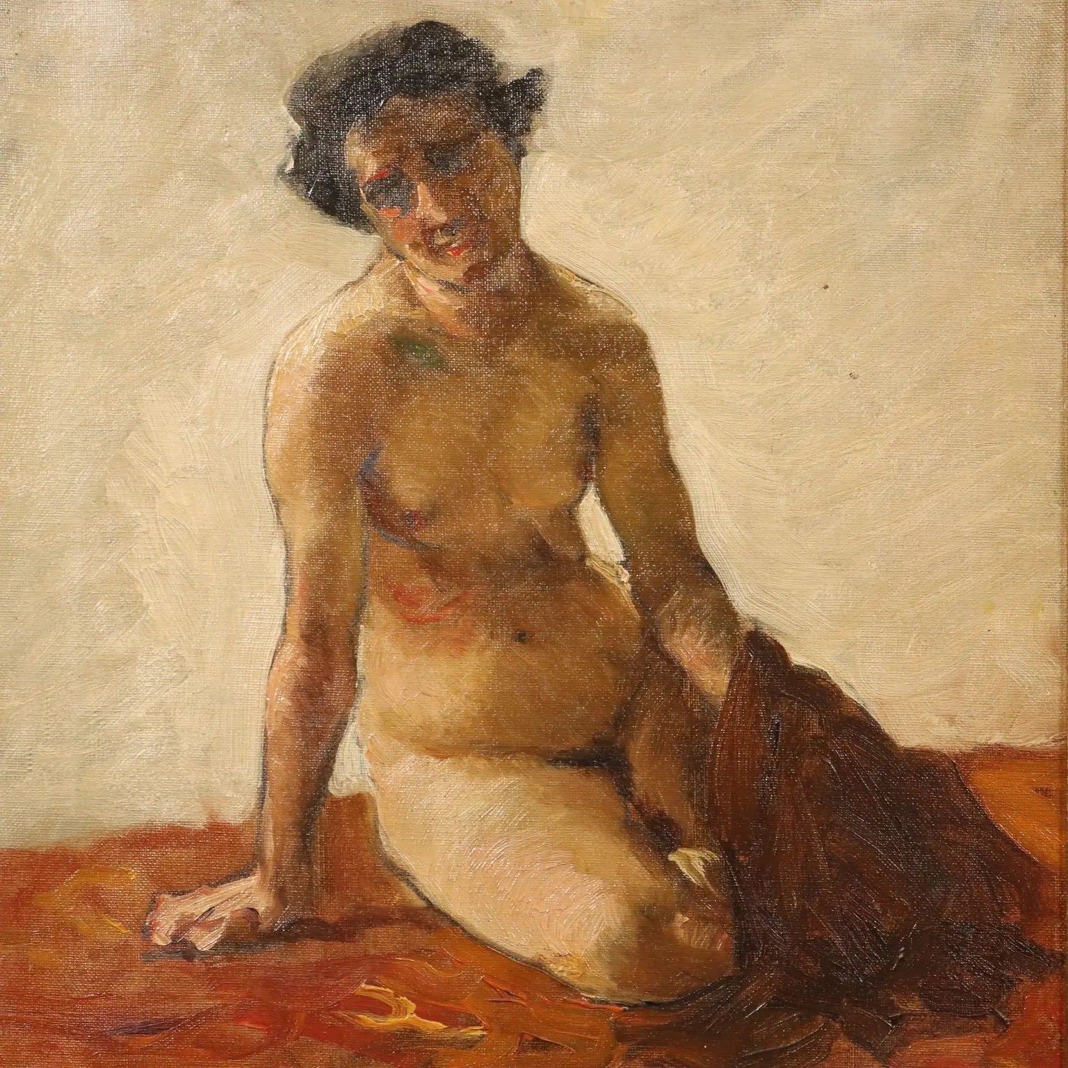 Antique Painting Signed Lorenzo Delleani Oil on Canvas 1860 ca. - Crouching Nude Figure 1860 ca. | Art | 19th Century