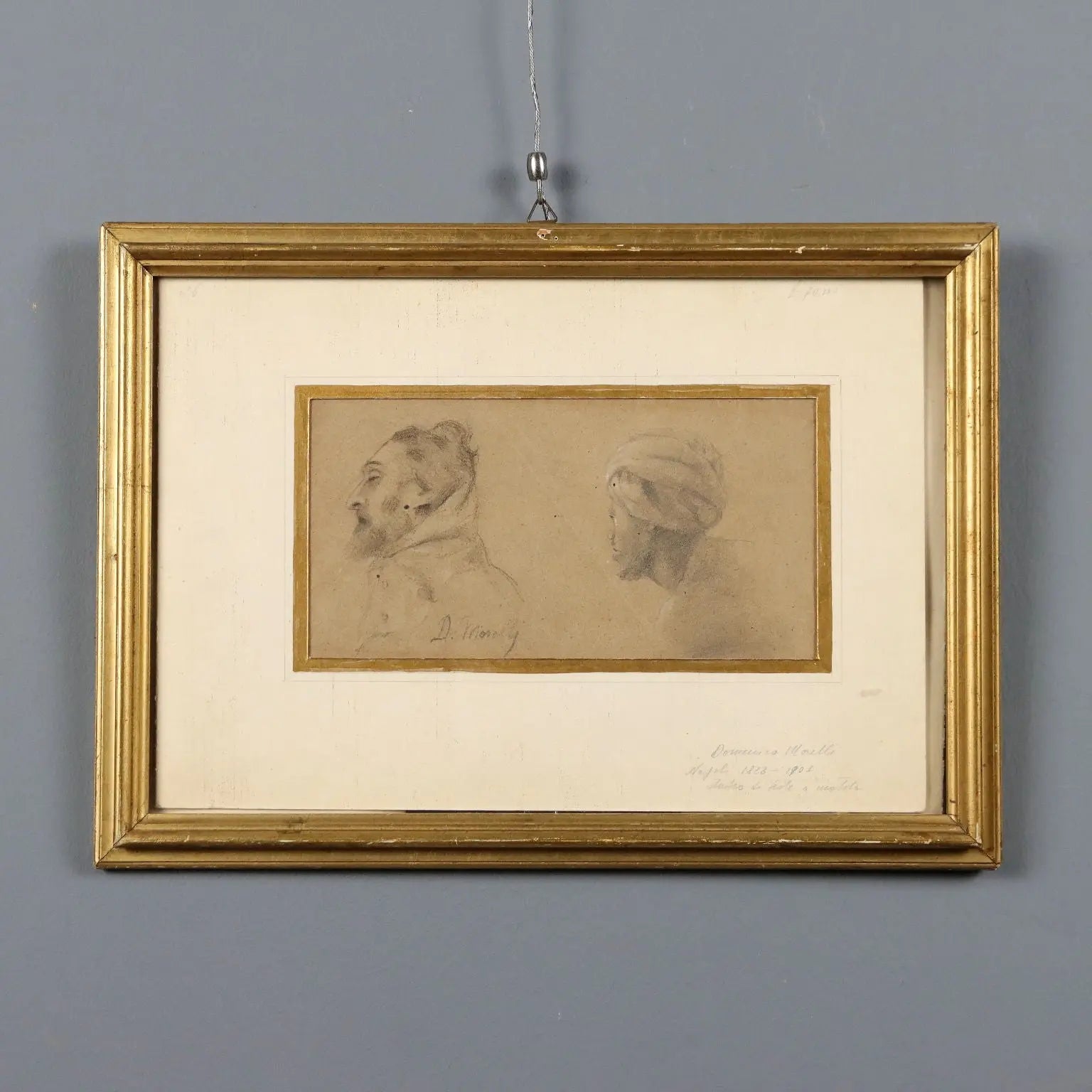 Antique Drawing Signed Domenico Morelli Study of Heads '800