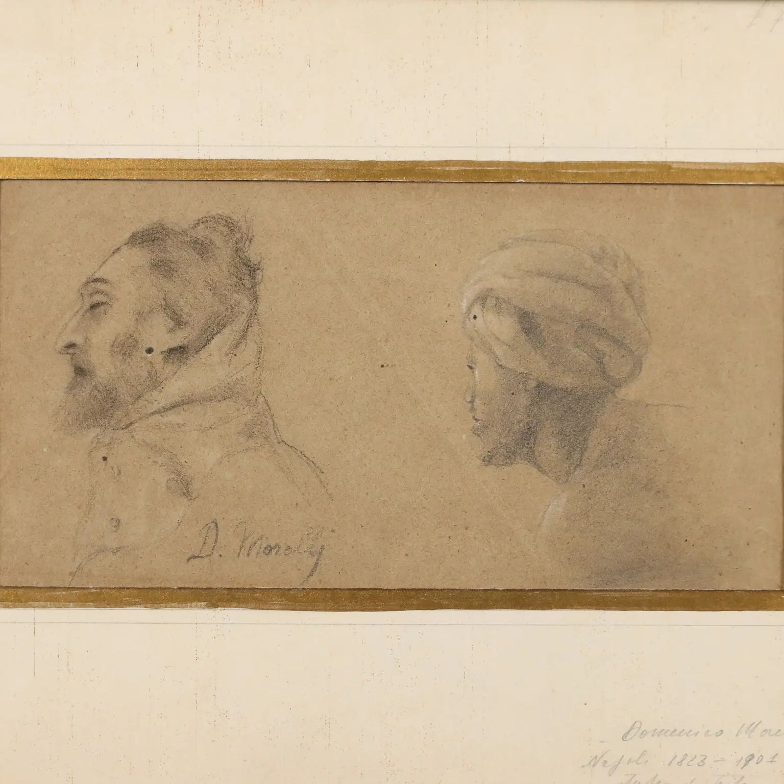 Antique Drawing Signed Domenico Morelli Study of Heads '800