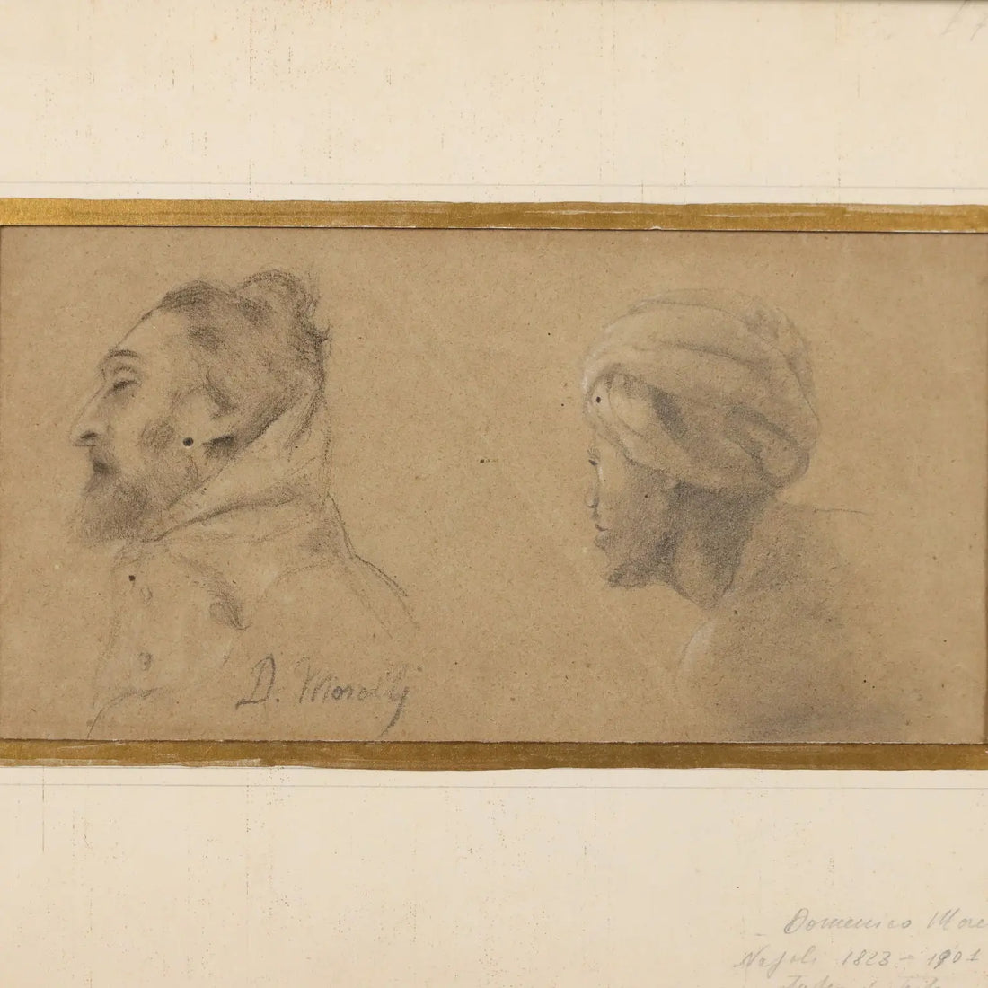 Antique Drawing Signed Domenico Morelli Study of Heads '800