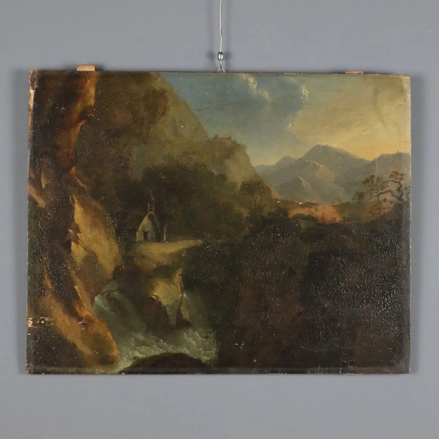 Antique Painting Mountain Glimpse Oil on Hardboard XIX Century