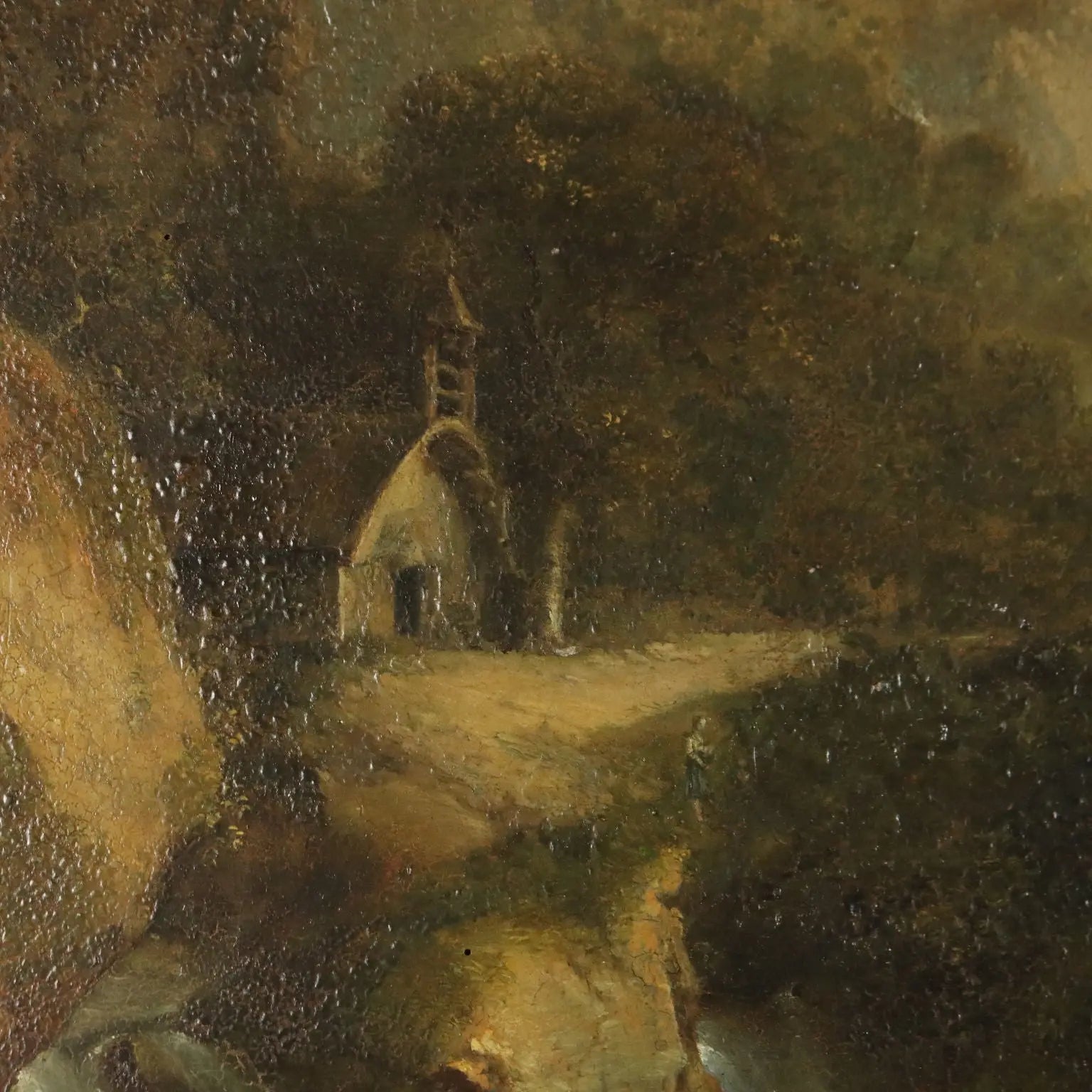Antique Painting Mountain Glimpse Oil on Hardboard XIX Century