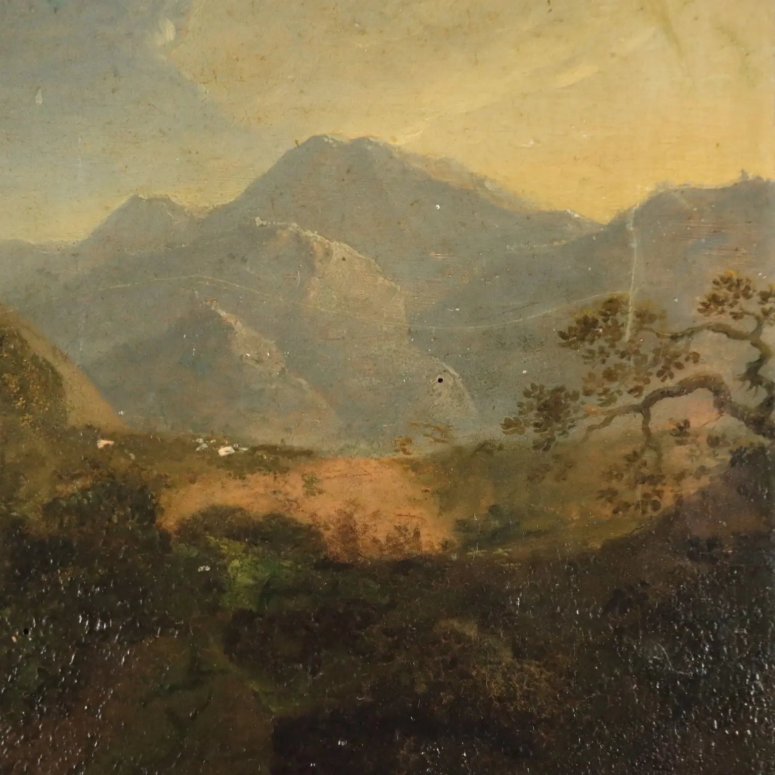 Antique Painting Mountain Glimpse Oil on Hardboard XIX Century