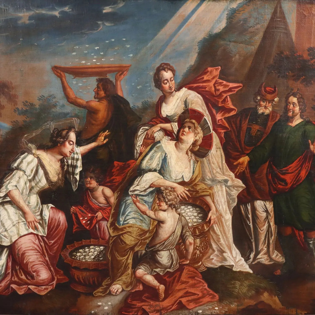 Antique Painting The Gathering of Manna Oil on Canvas XVIII Century