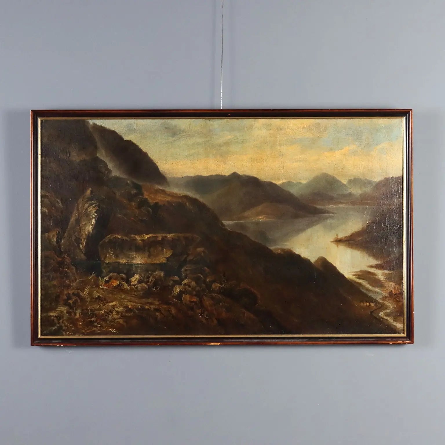 Antique Painting Mountain Landscape with Lake Oil on Canvas 1890