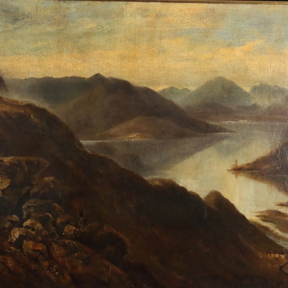 Antique Painting Mountain Landscape with Lake Oil on Canvas 1890