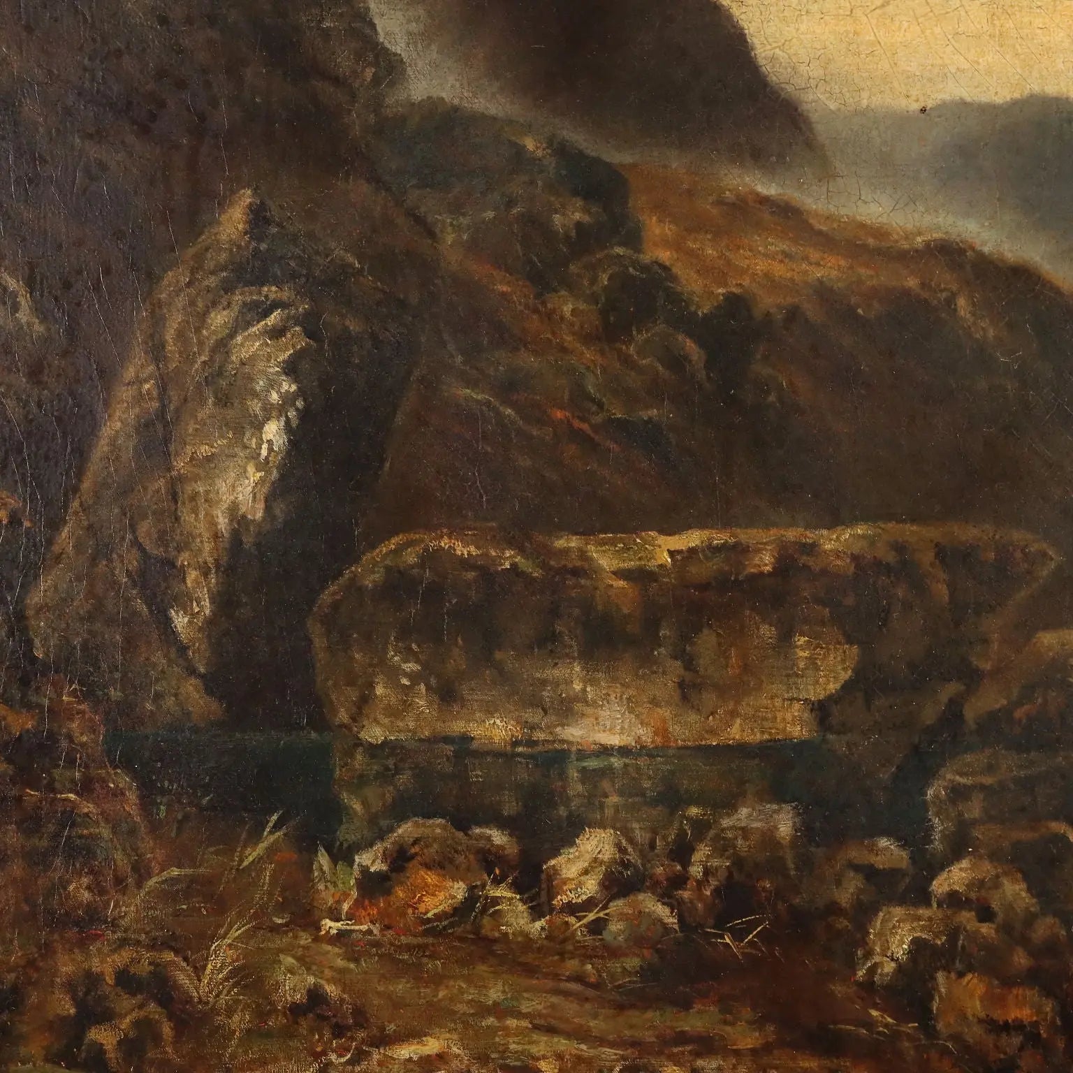 Antique Painting Mountain Landscape with Lake Oil on Canvas 1890