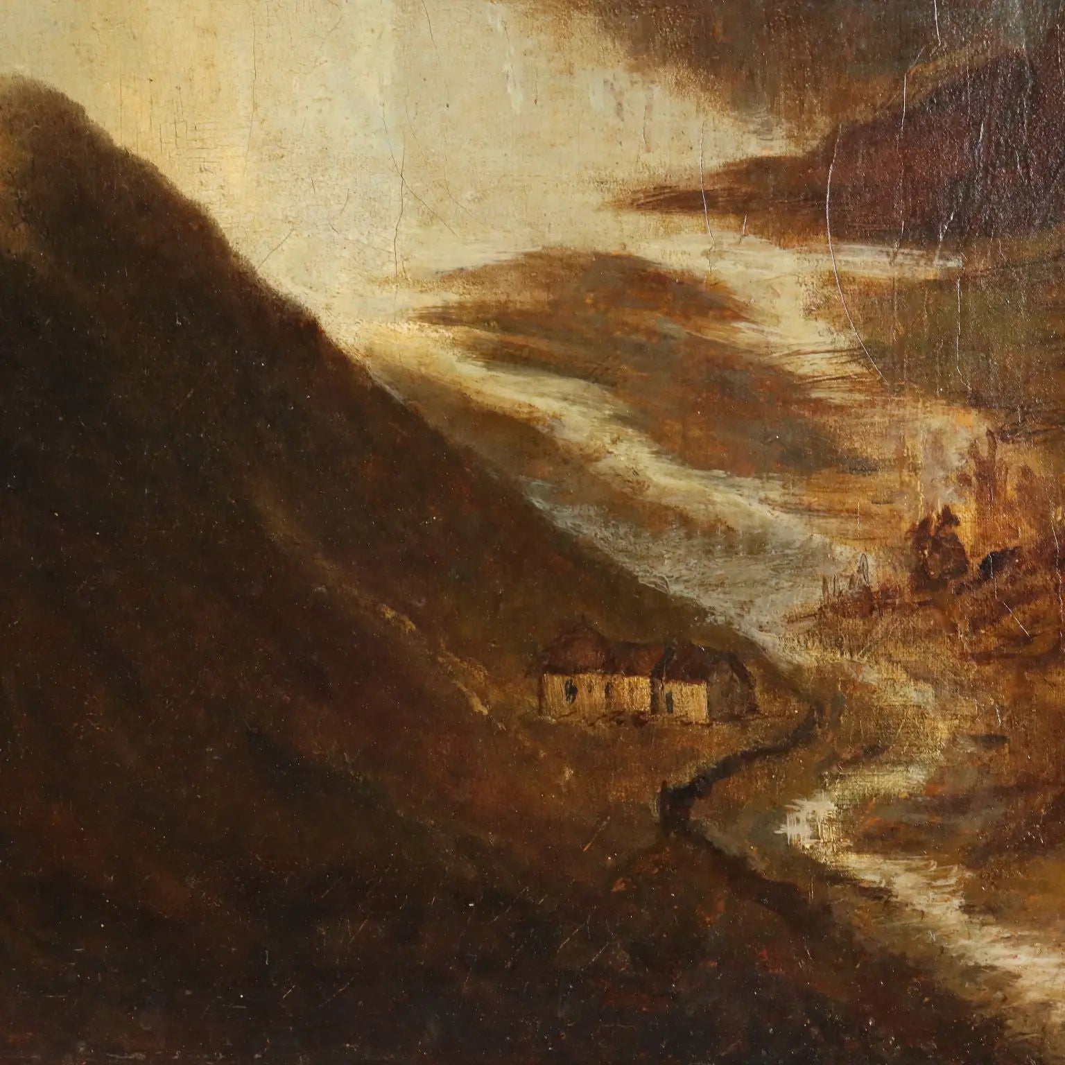 Antique Painting Mountain Landscape with Lake Oil on Canvas 1890