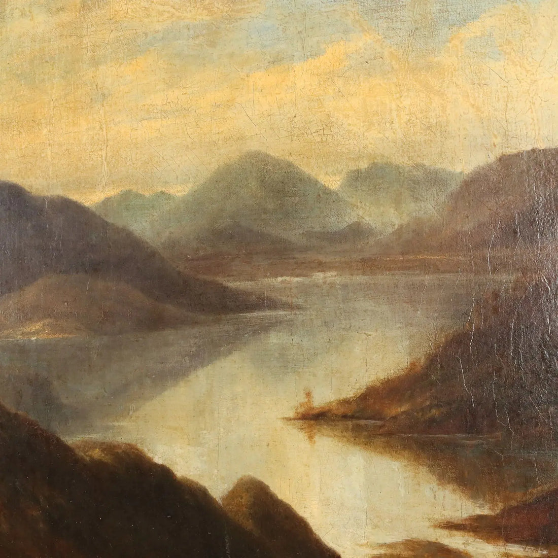 Antique Painting Mountain Landscape with Lake Oil on Canvas 1890