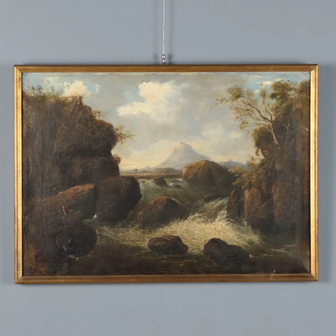 Antique Painting Landscape with River Oil on Canvas XIX Century
