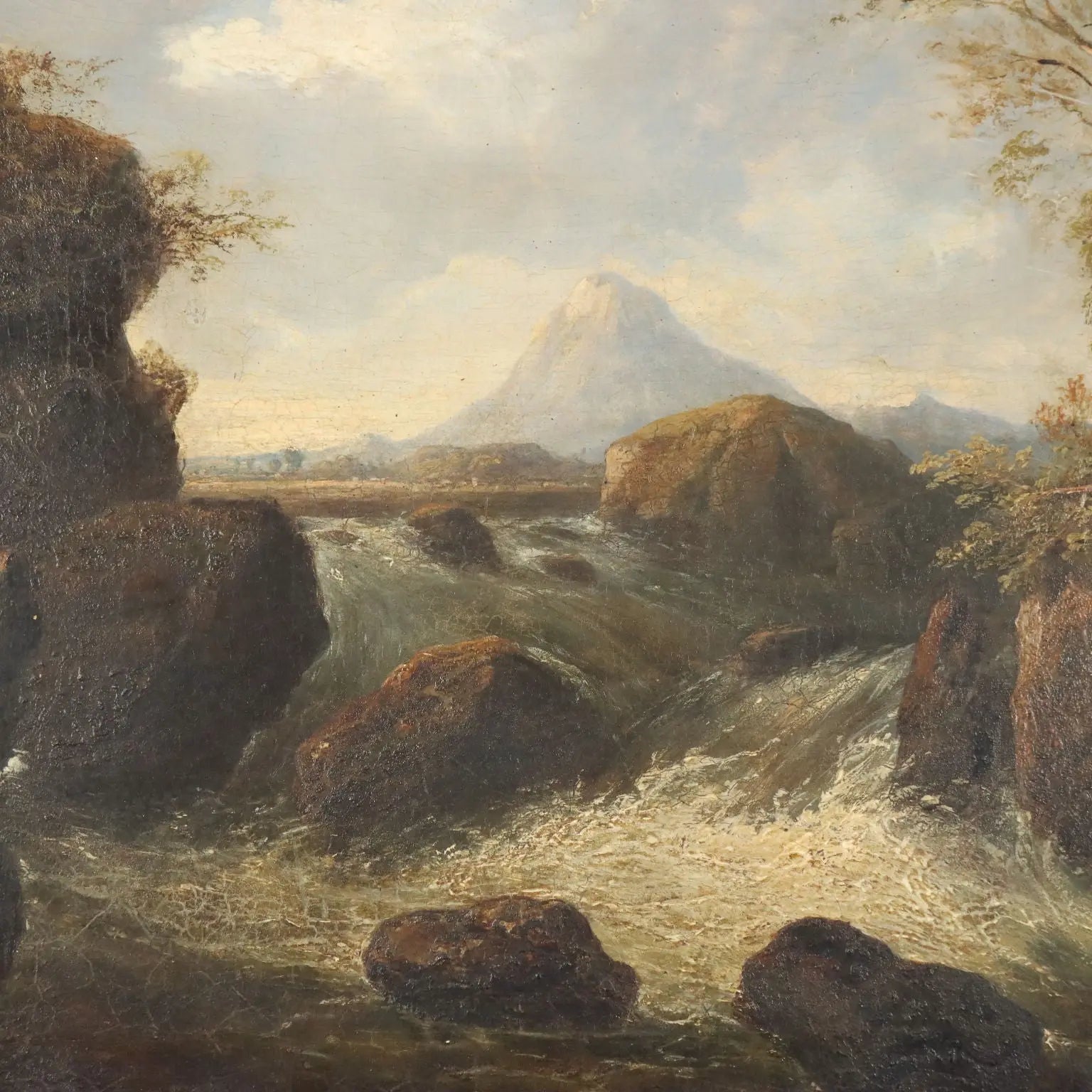 Antique Painting Landscape with River Oil on Canvas XIX Century
