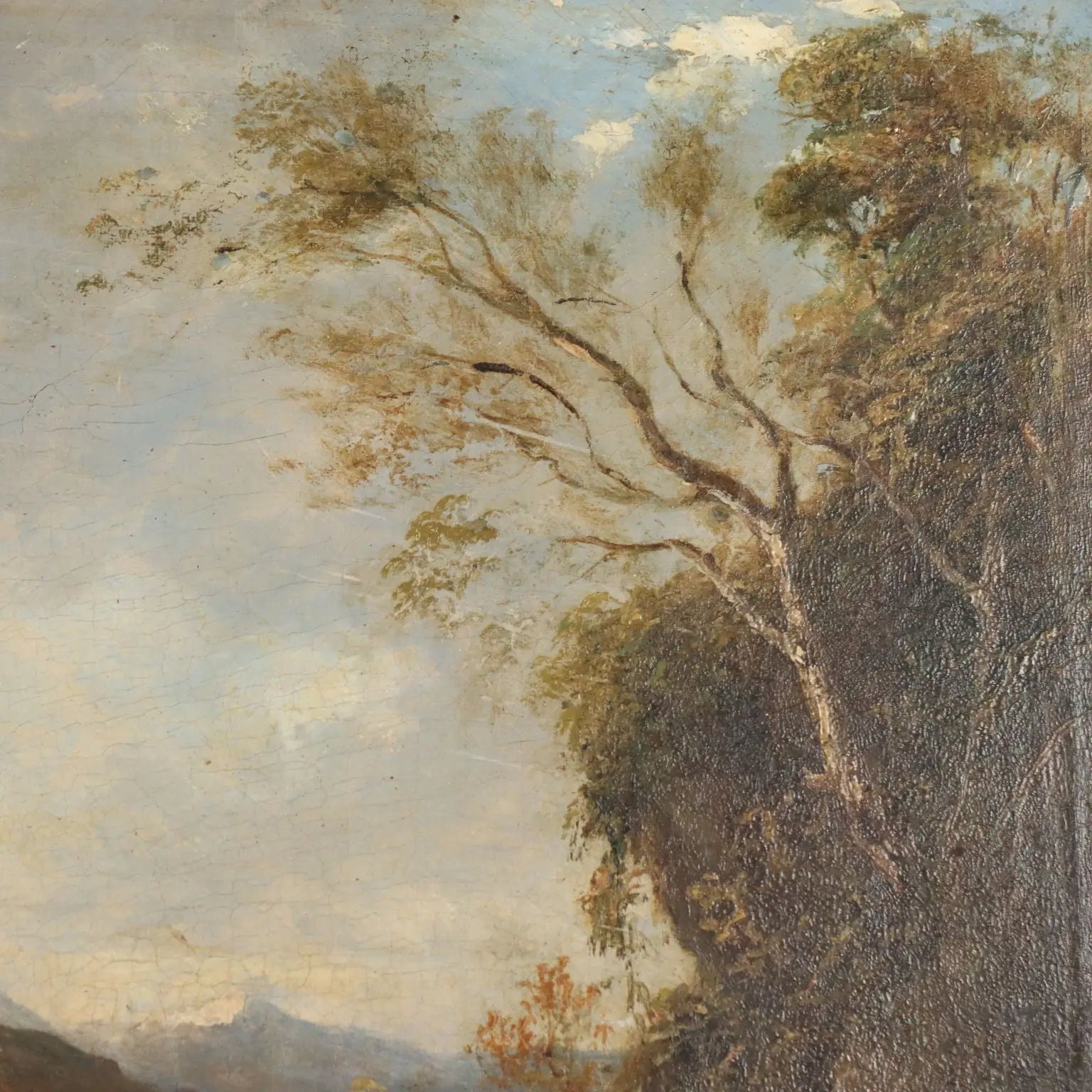 Antique Painting Landscape with River Oil on Canvas XIX Century