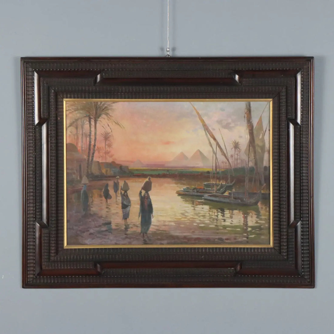Antique Painting Exotic Landscape with Pyramids and Figures '800