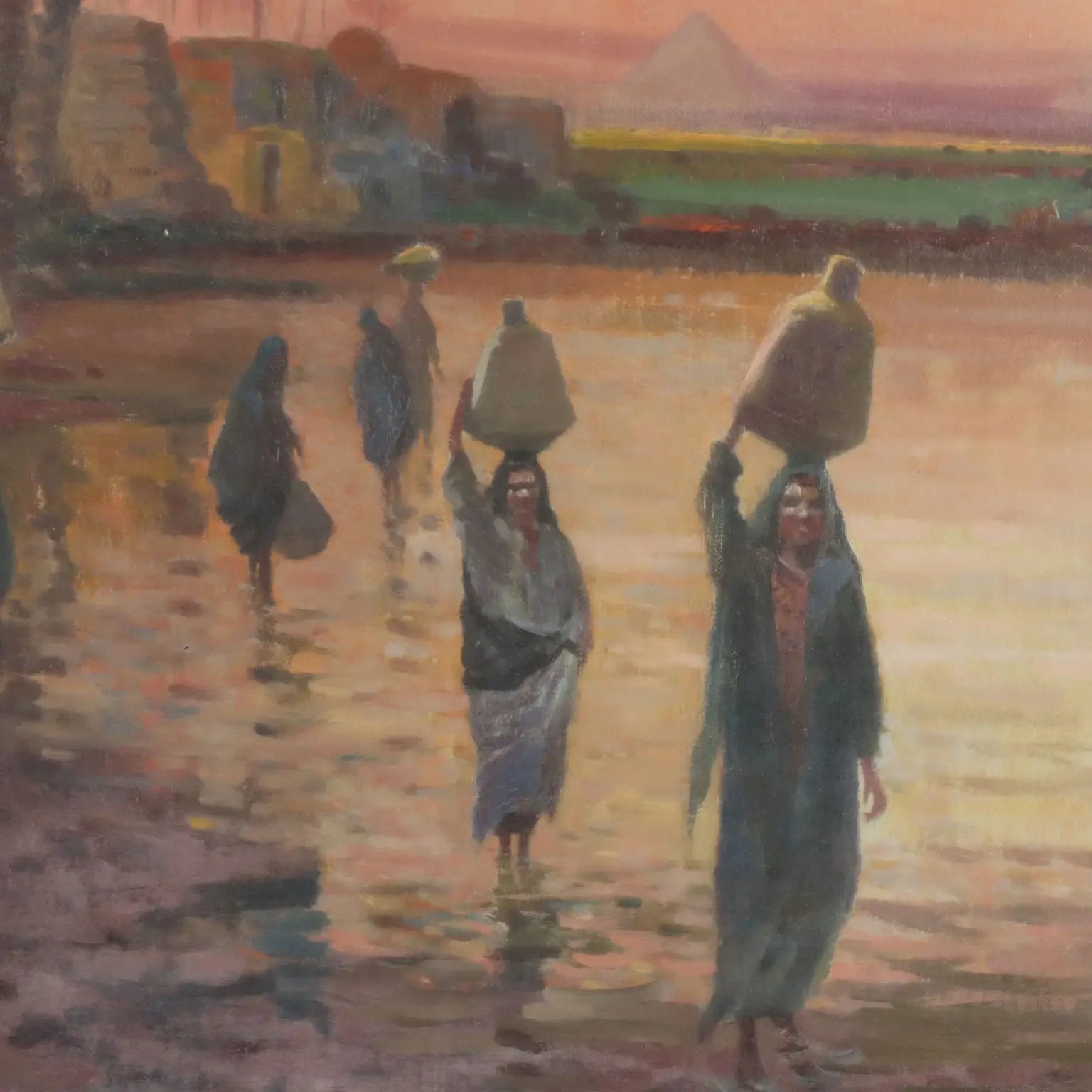 Antique Painting Exotic Landscape with Pyramids and Figures '800