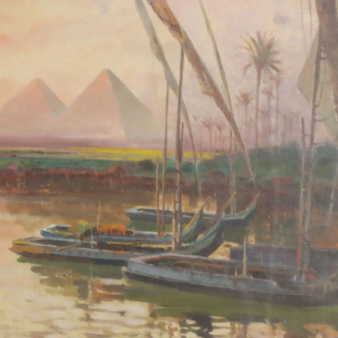 Antique Painting Exotic Landscape with Pyramids and Figures '800