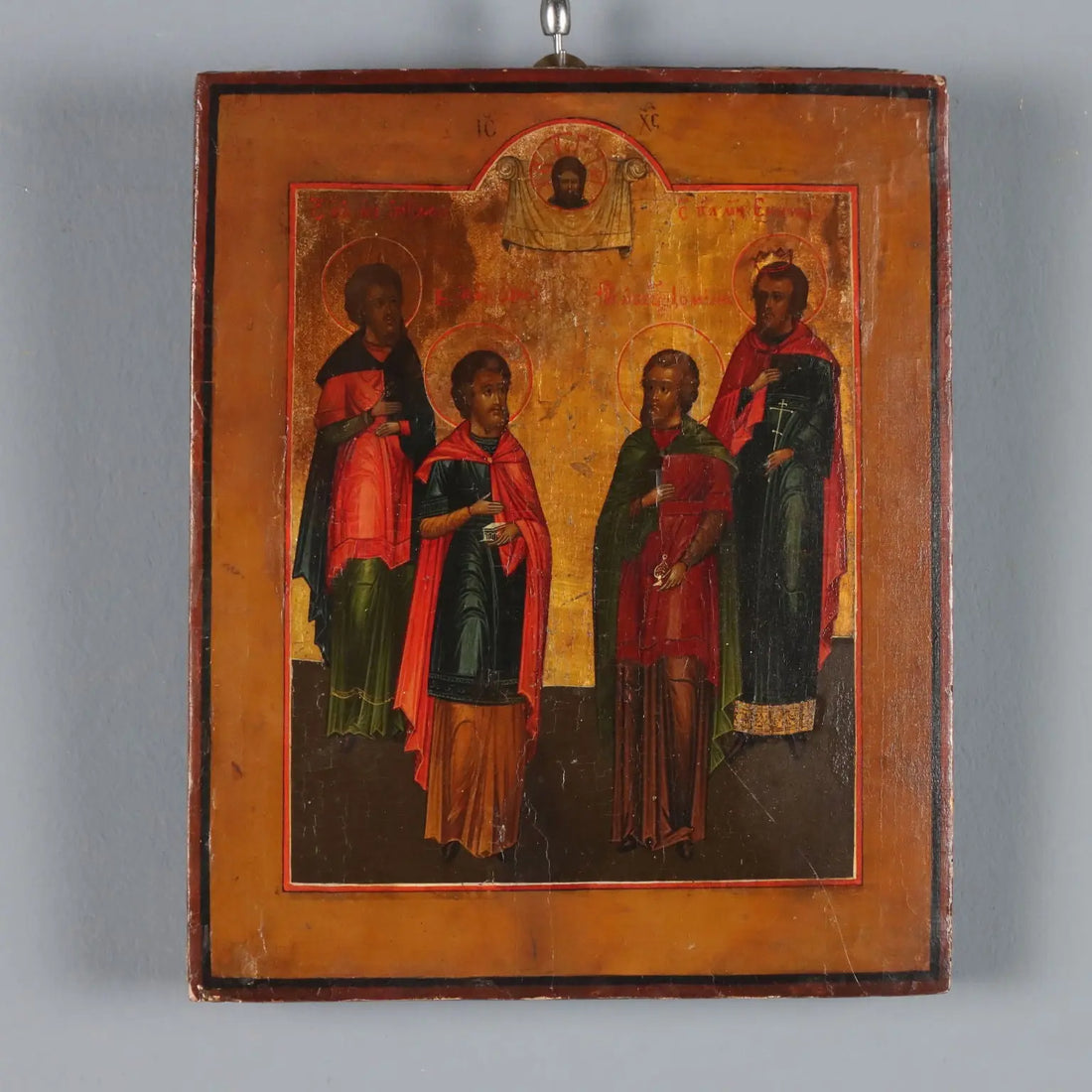 Antique Russian Icon Jesus Christ and Saints Tempera on Board '800