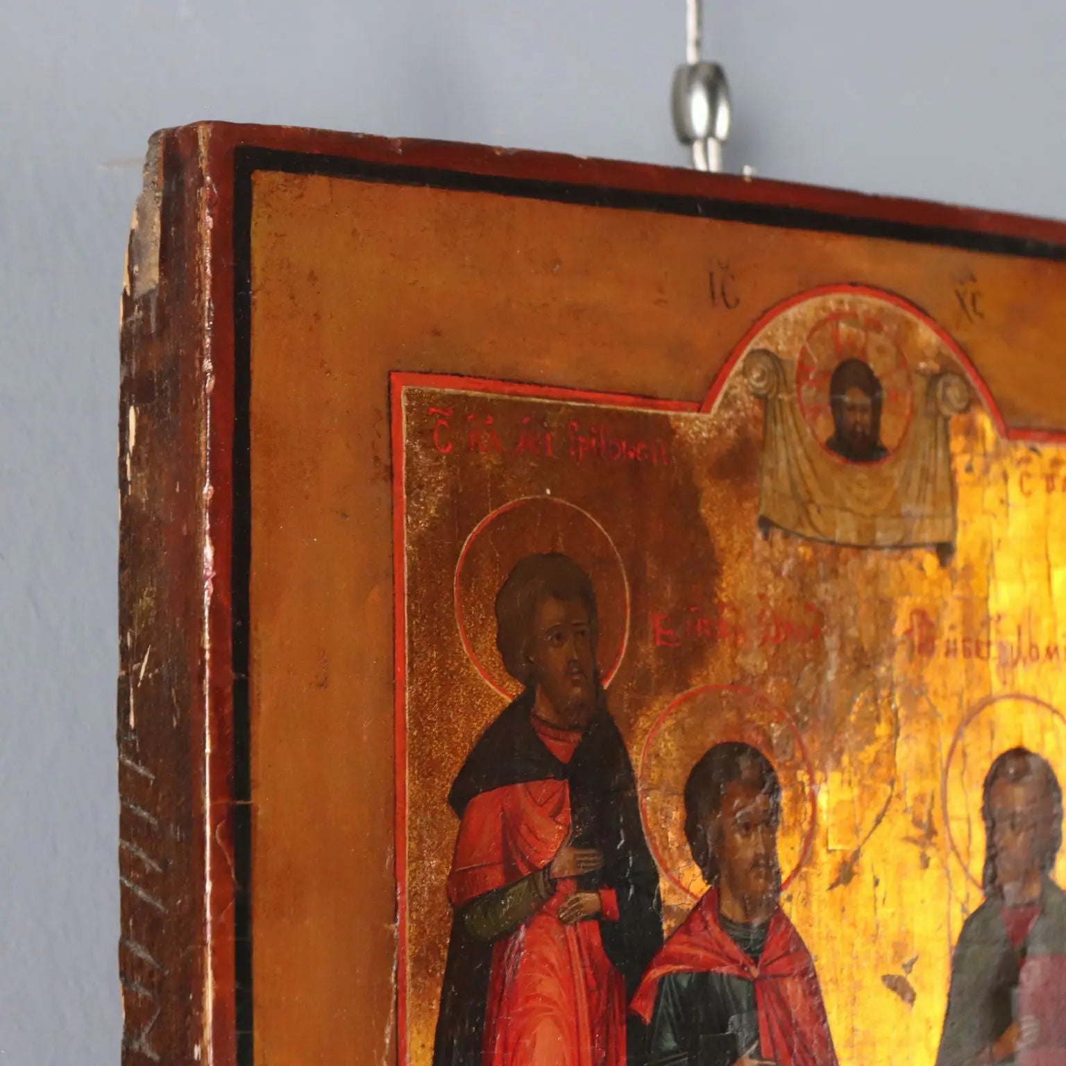 Antique Russian Icon Jesus Christ and Saints Tempera on Board '800