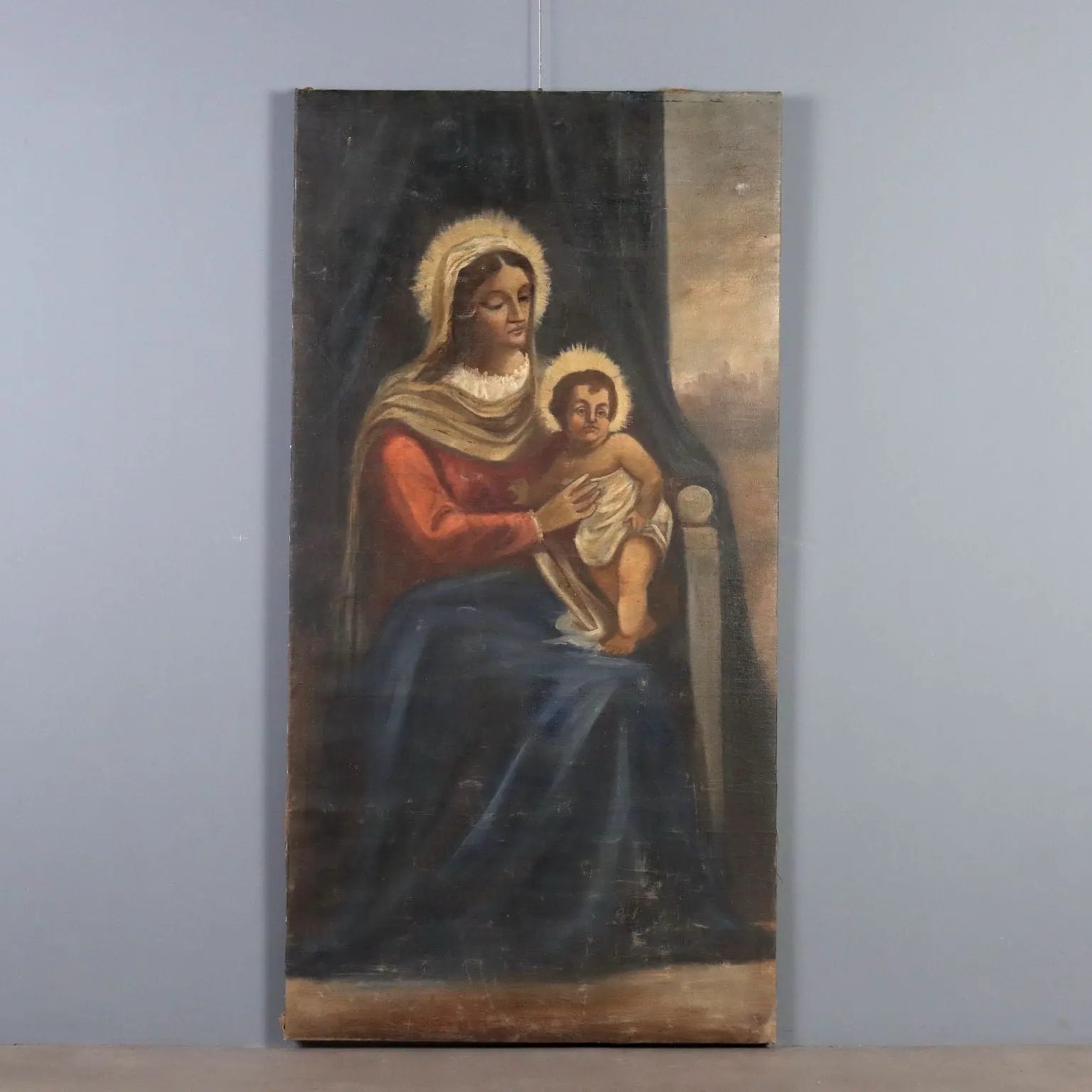 Antique Painting Virgin Mary with Child Oil on Canvas XIX Century