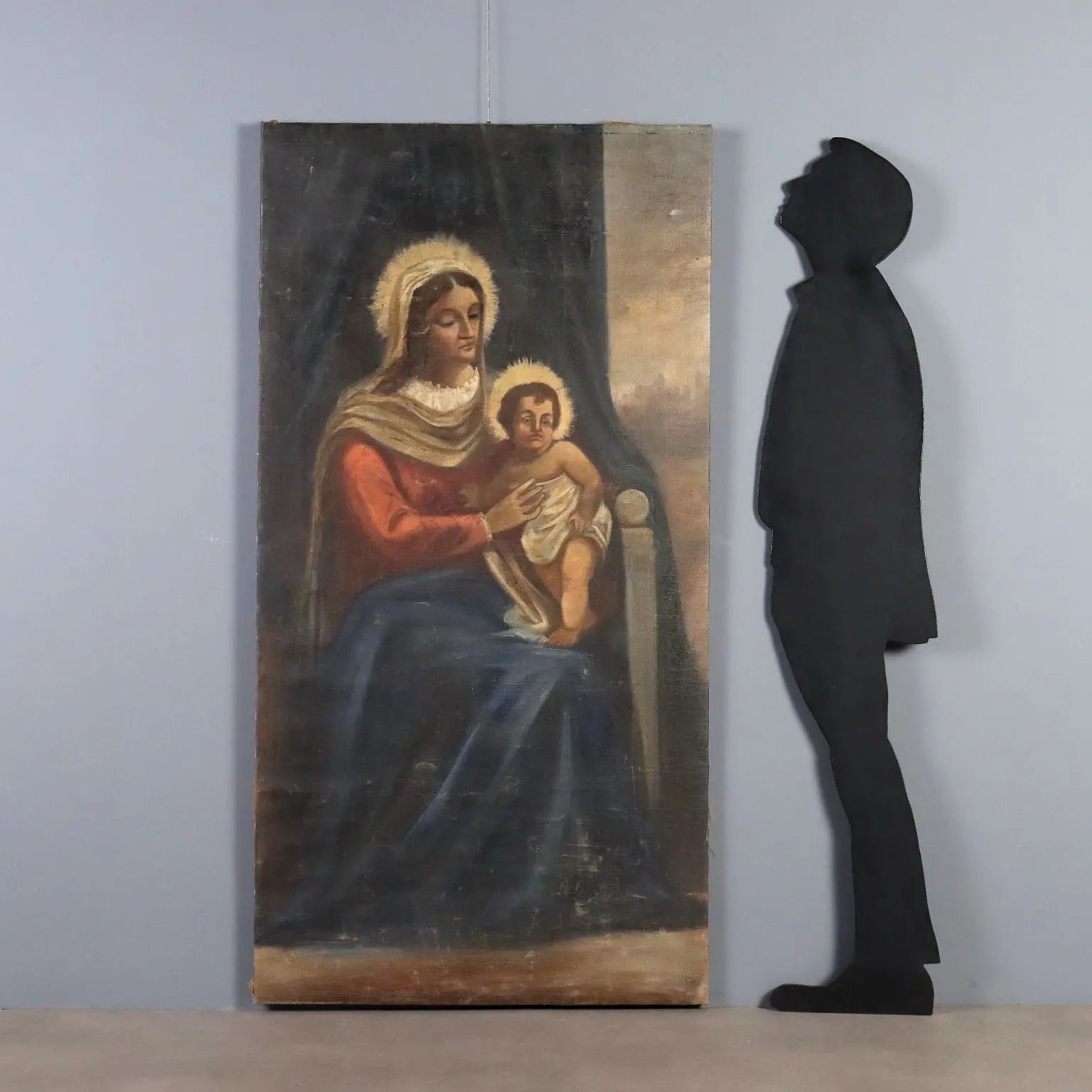 Antique Painting Virgin Mary with Child Oil on Canvas XIX Century