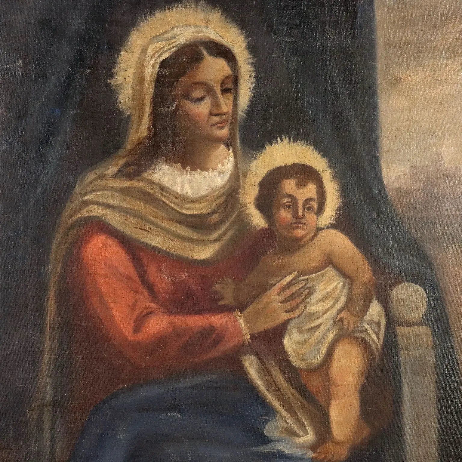 Antique Painting Virgin Mary with Child Oil on Canvas XIX Century