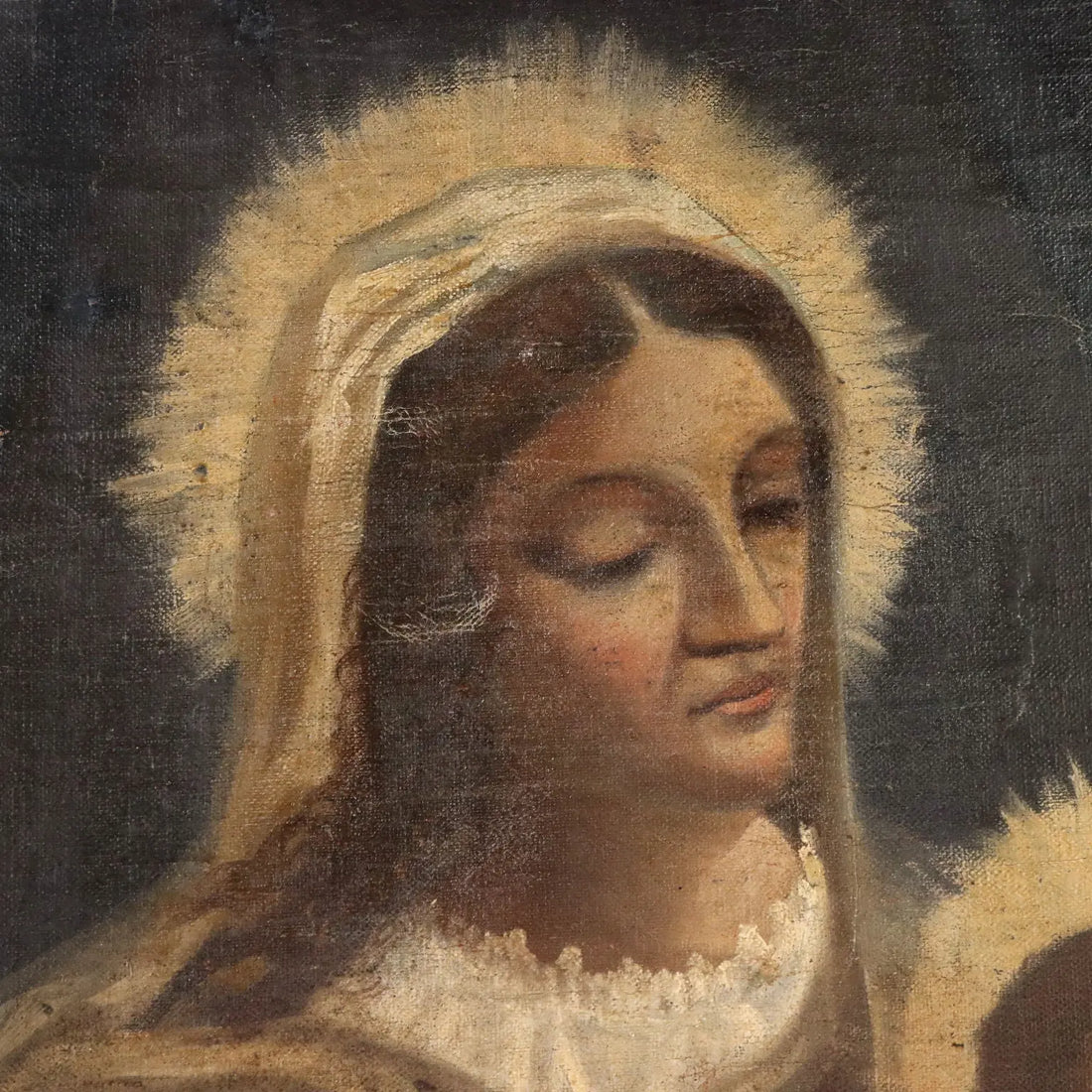 Antique Painting Virgin Mary with Child Oil on Canvas XIX Century