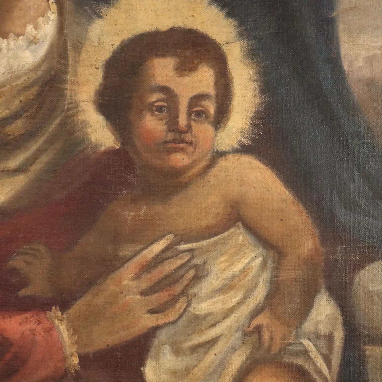 Antique Painting Virgin Mary with Child Oil on Canvas XIX Century