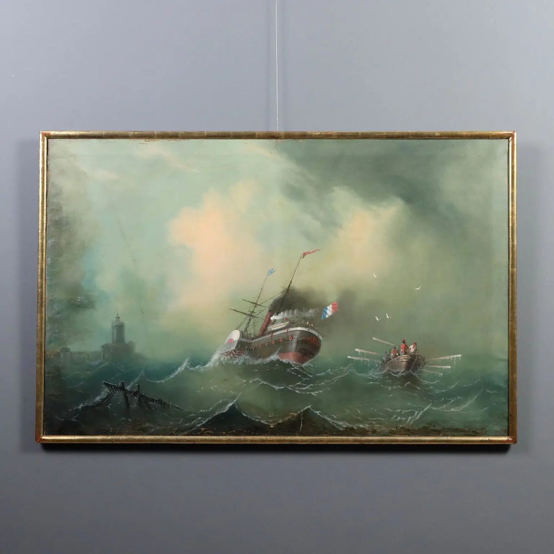 Antique Painting Stormy Sea Oil on Canvas Italy 1865