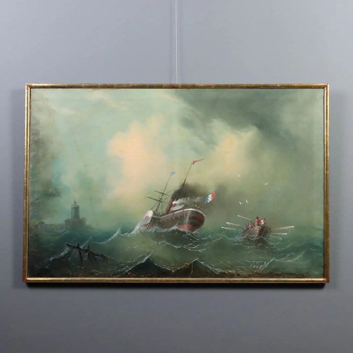 Antique Painting Stormy Sea Oil on Canvas Italy 1865