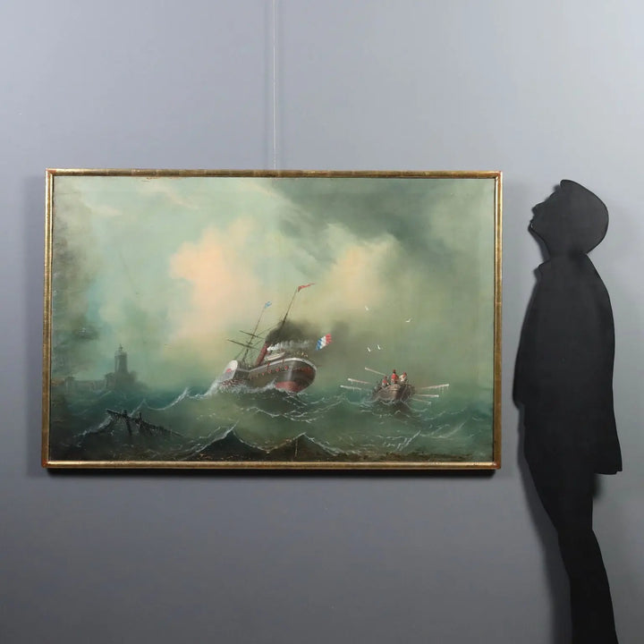 Antique Painting Stormy Sea Oil on Canvas Italy 1865