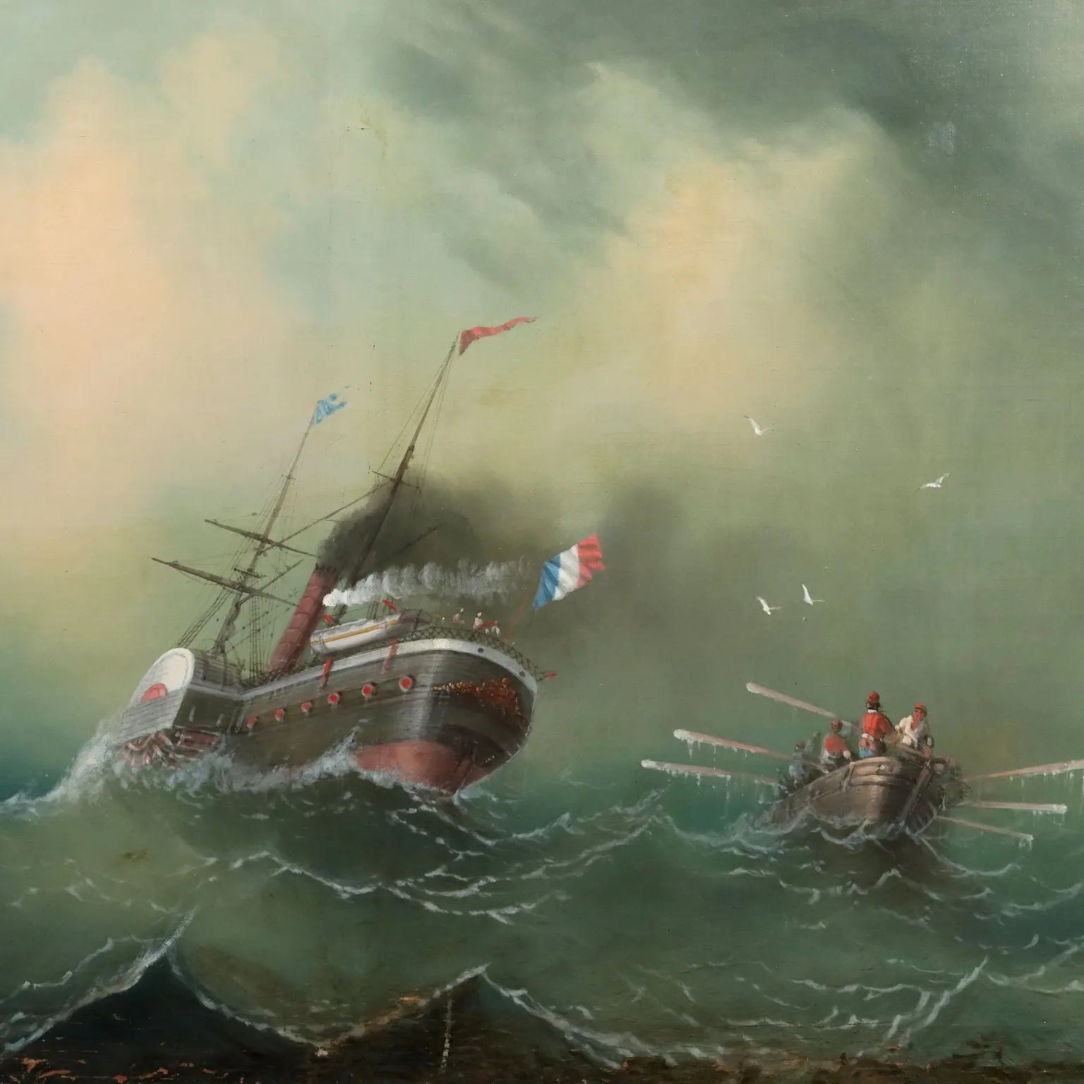 Antique Painting Stormy Sea Oil on Canvas Italy 1865