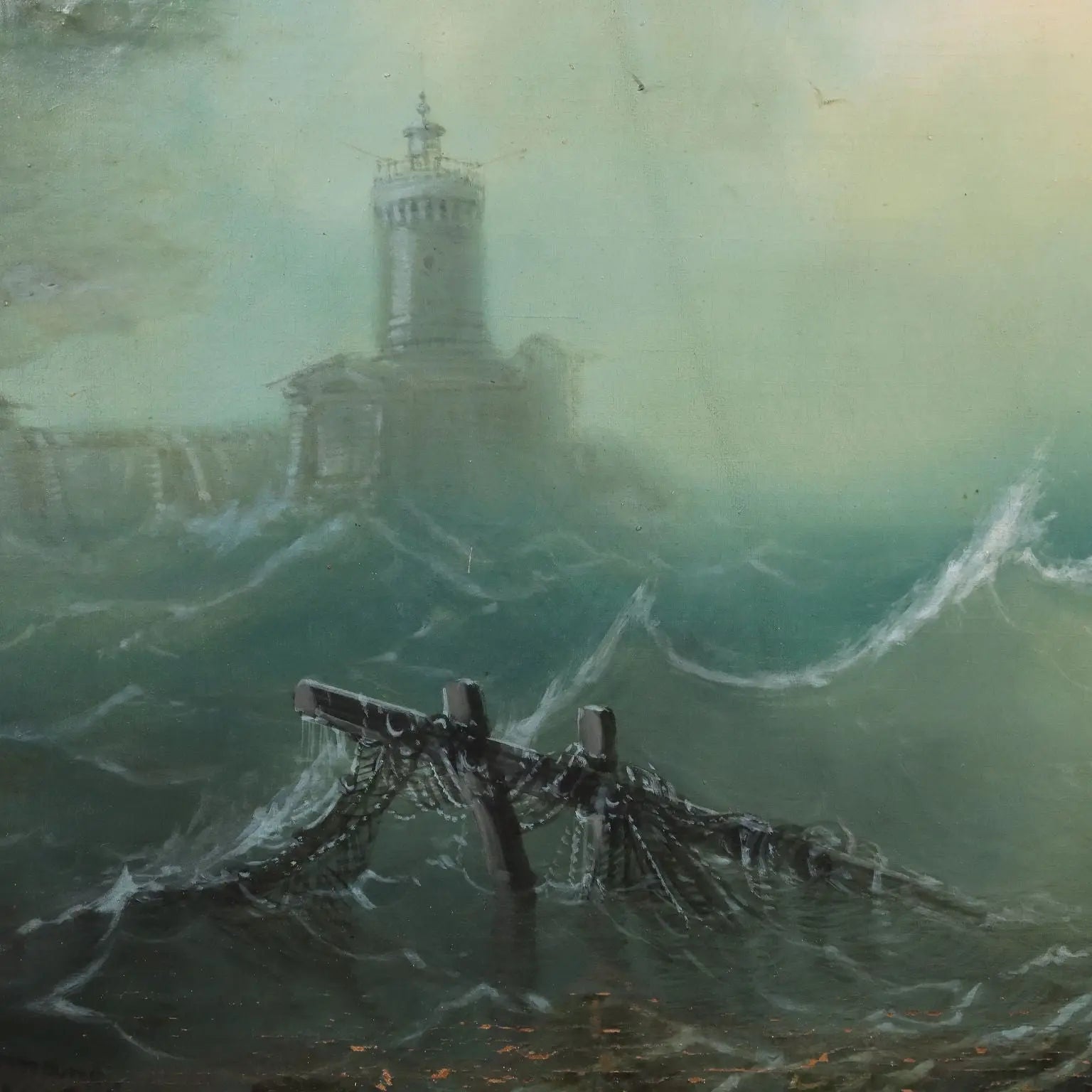Antique Painting Stormy Sea Oil on Canvas Italy 1865