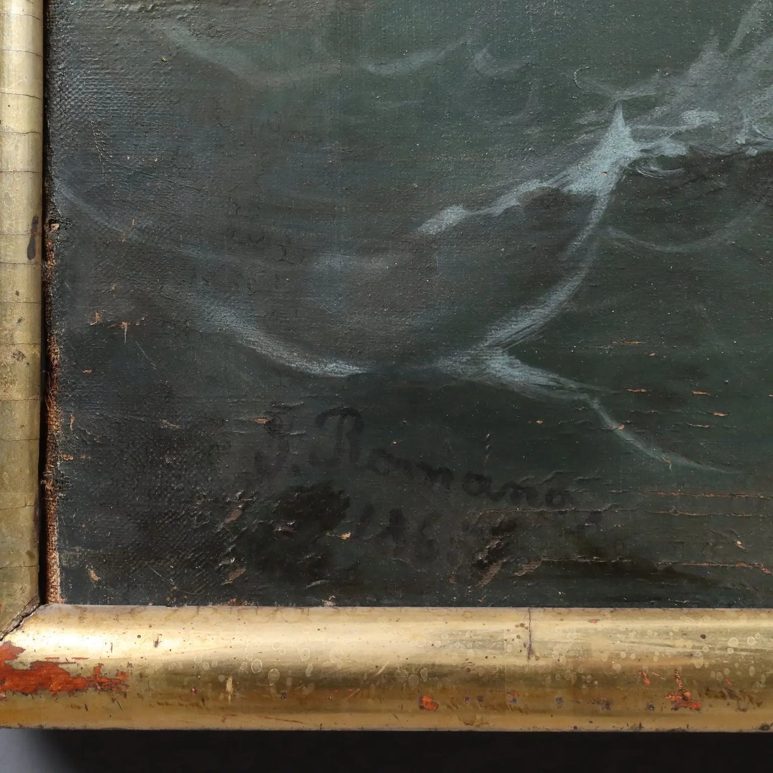 Antique Painting Stormy Sea Oil on Canvas Italy 1865