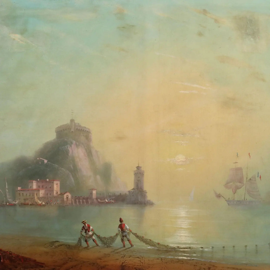 Antique Painting View of Nisida G. Ramano Oil on Canvas 1861