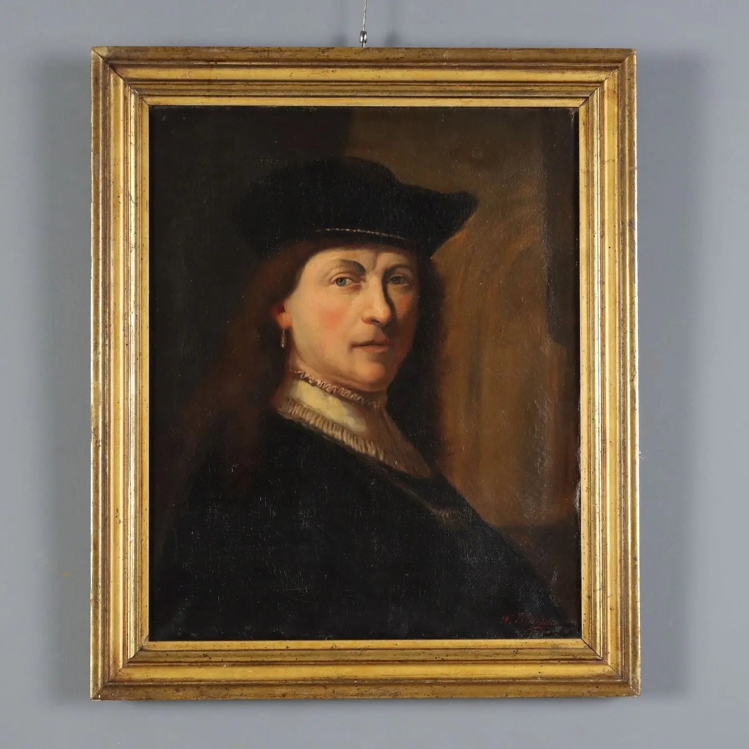 Antique Painting Portrait of Rembrandt Oil on Canvas XIX Century