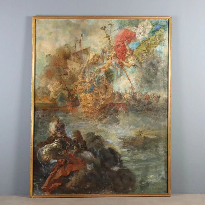 Antique Painting Naval Battle Oil on Canvas XIX Century