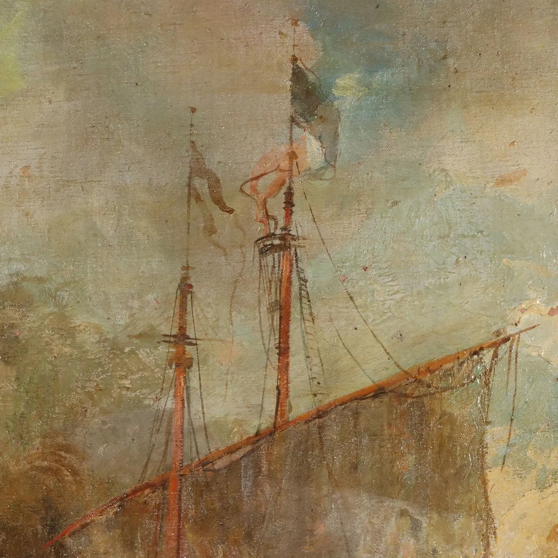 Antique Painting Naval Battle Oil on Canvas XIX Century