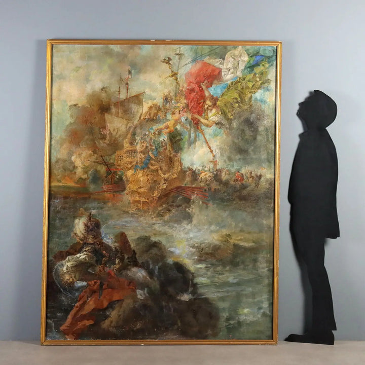 Antique Painting Naval Battle Oil on Canvas XIX Century