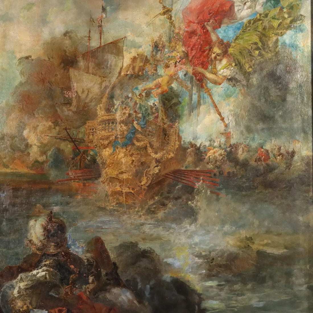 Antique Painting Naval Battle Oil on Canvas XIX Century