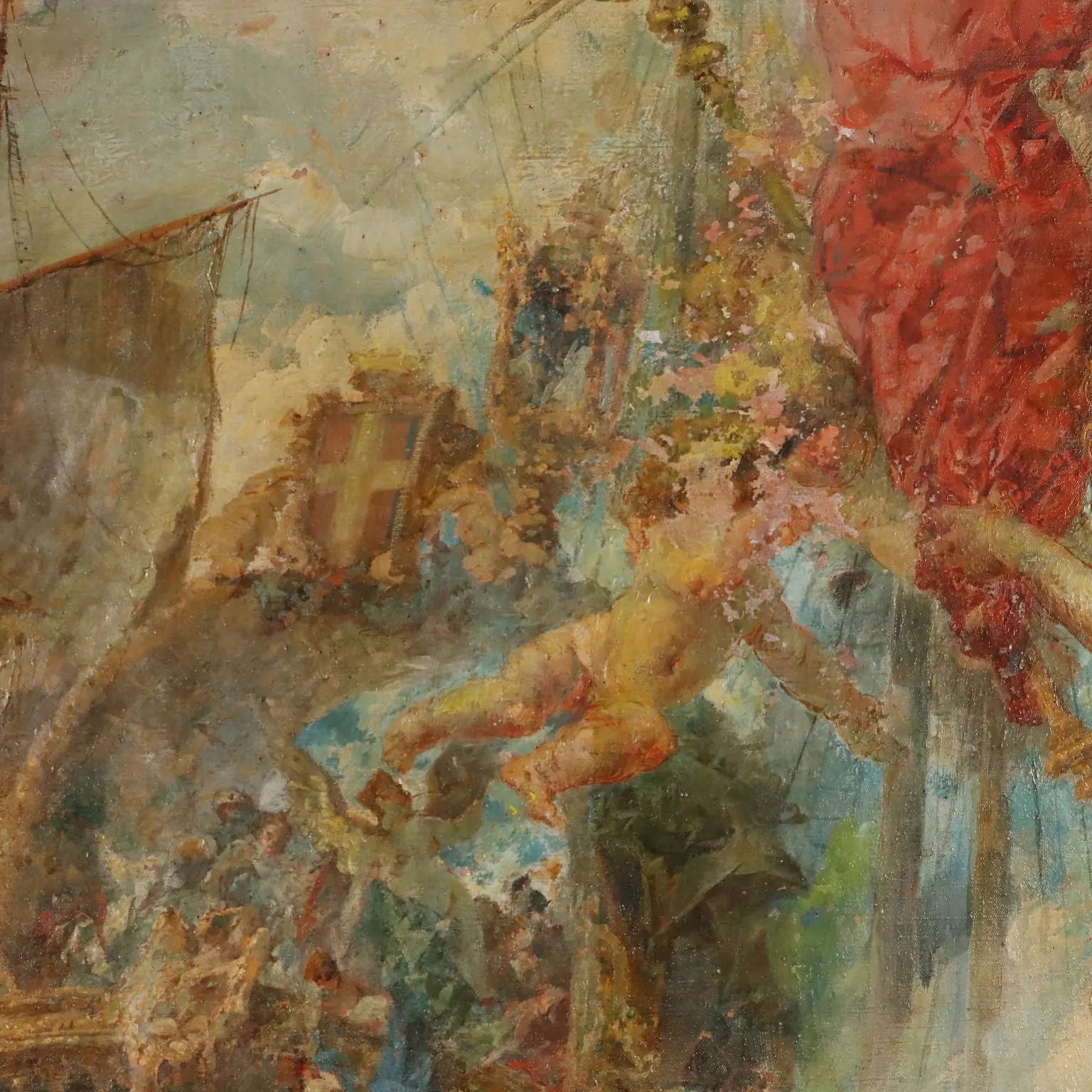 Antique Painting Naval Battle Oil on Canvas XIX Century