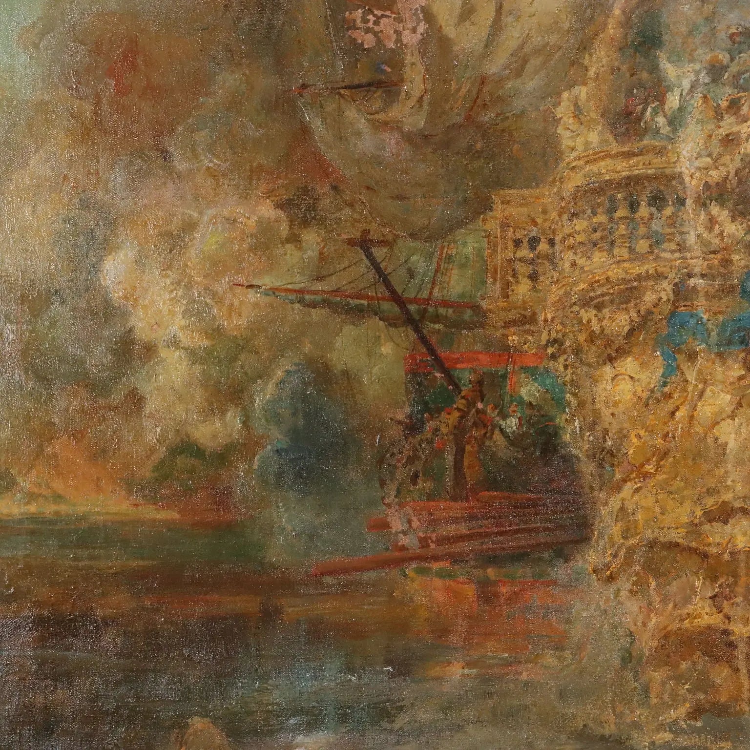 Antique Painting Naval Battle Oil on Canvas XIX Century