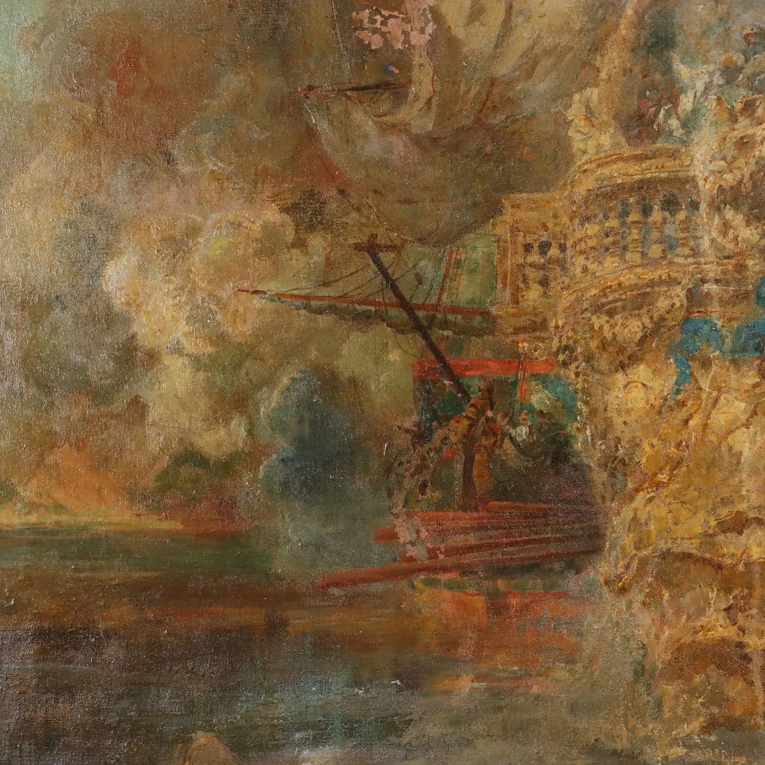 Antique Painting Naval Battle Oil on Canvas XIX Century