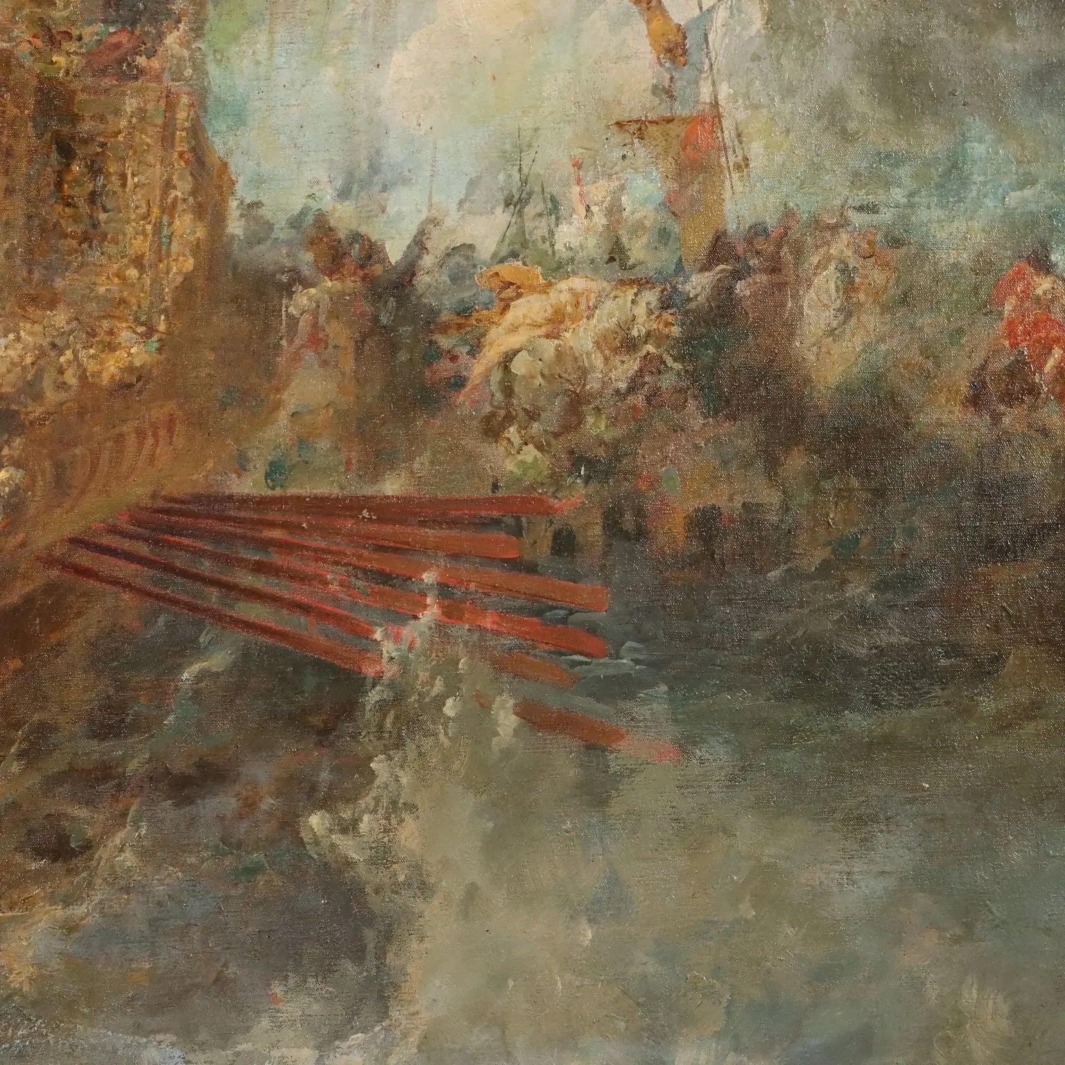 Antique Painting Naval Battle Oil on Canvas XIX Century