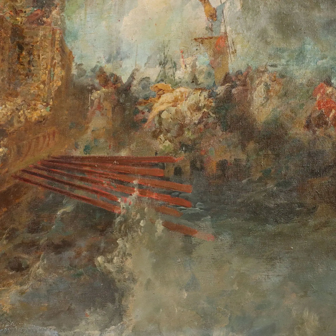 Antique Painting Naval Battle Oil on Canvas XIX Century