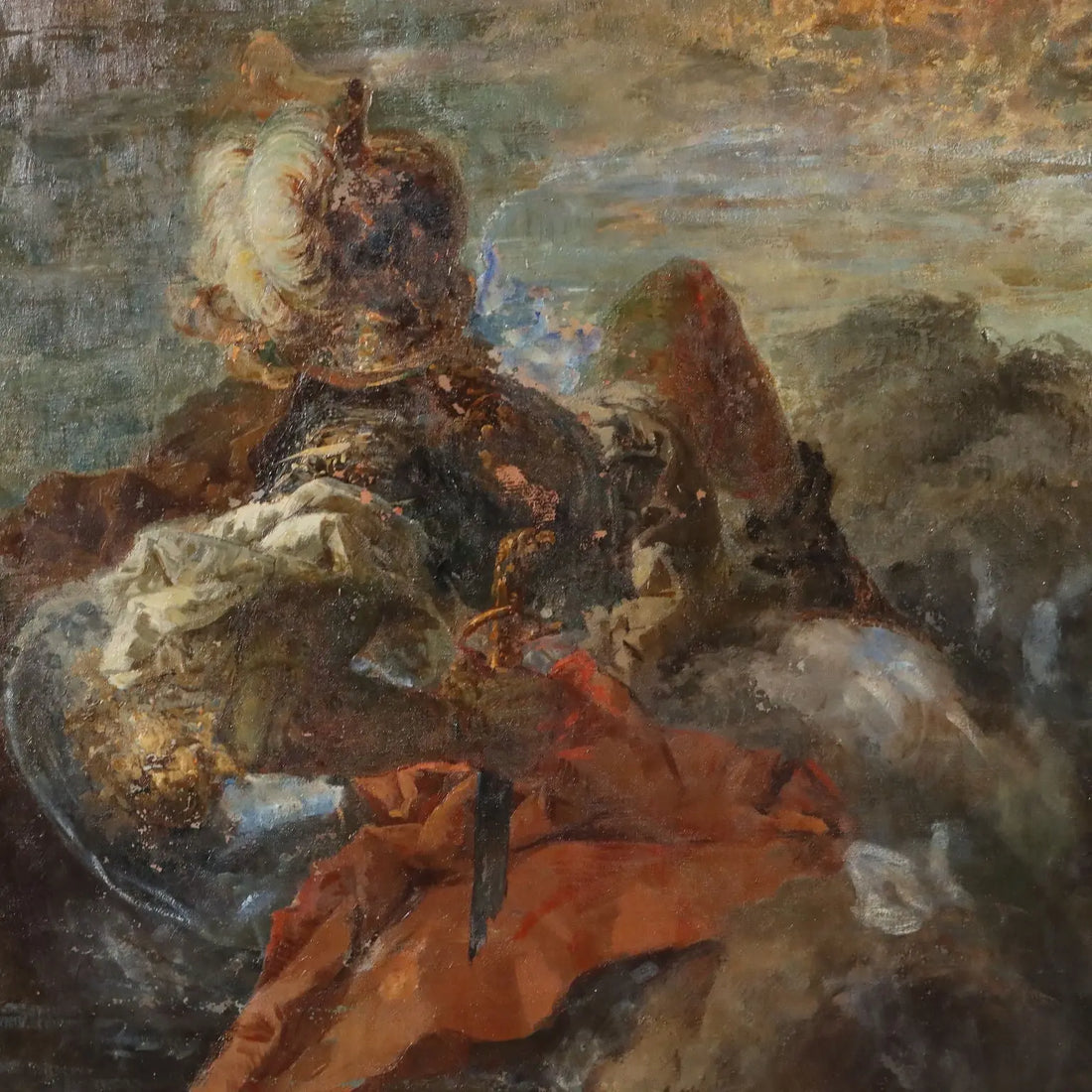 Antique Painting Naval Battle Oil on Canvas XIX Century