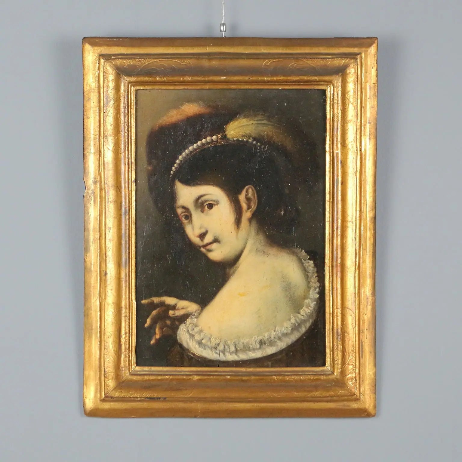 Antique Painting Woman Portrait Oil on Hardboard Italy XIX Century