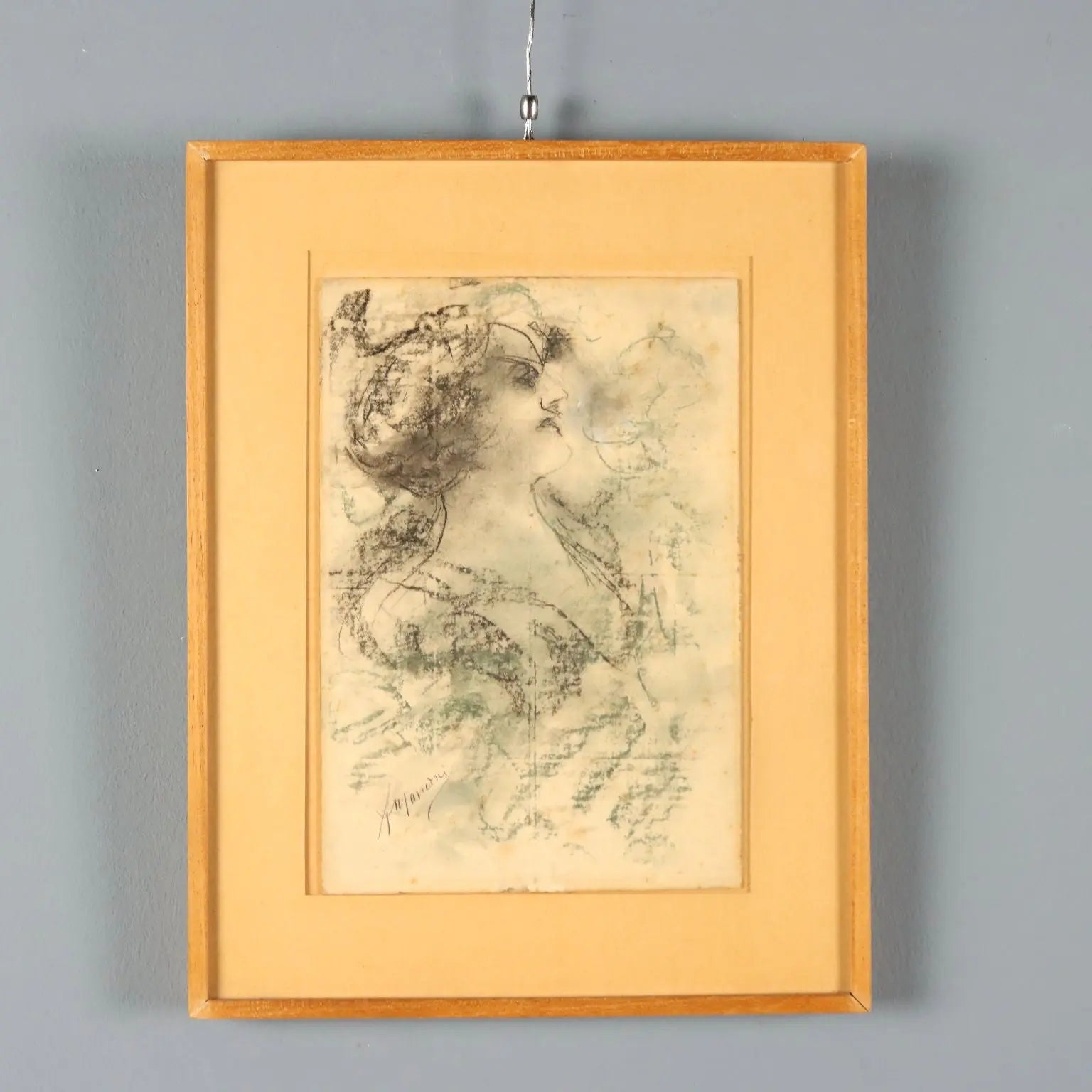 Antique Drawing Signed Antonio Mancini Mixed Technique XIX Century